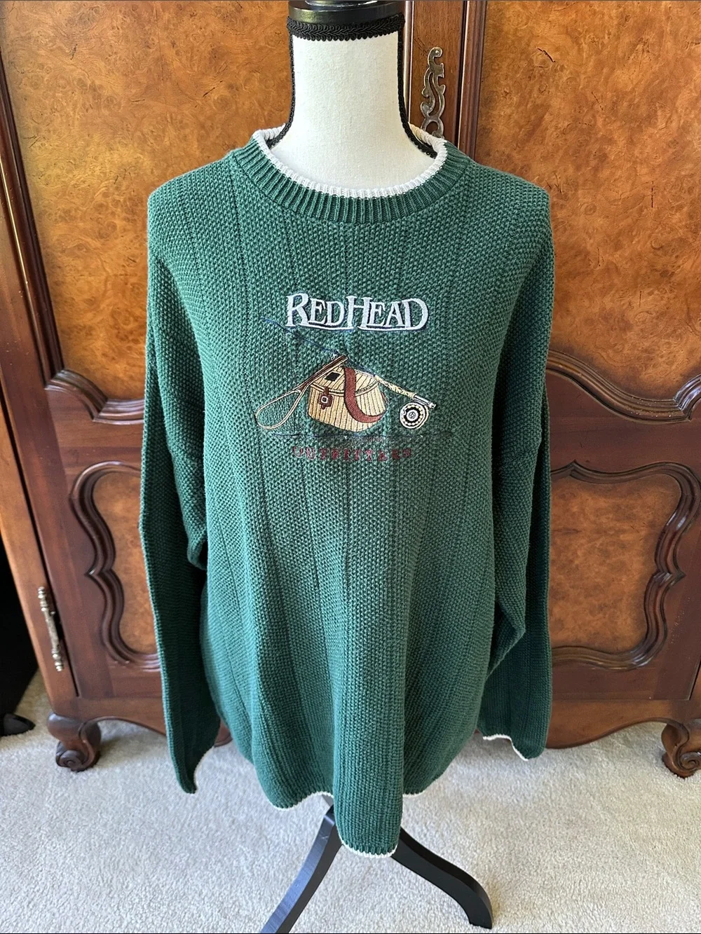RedHead Vintage Knit Crewneck Sweater with Fishing Embroidery